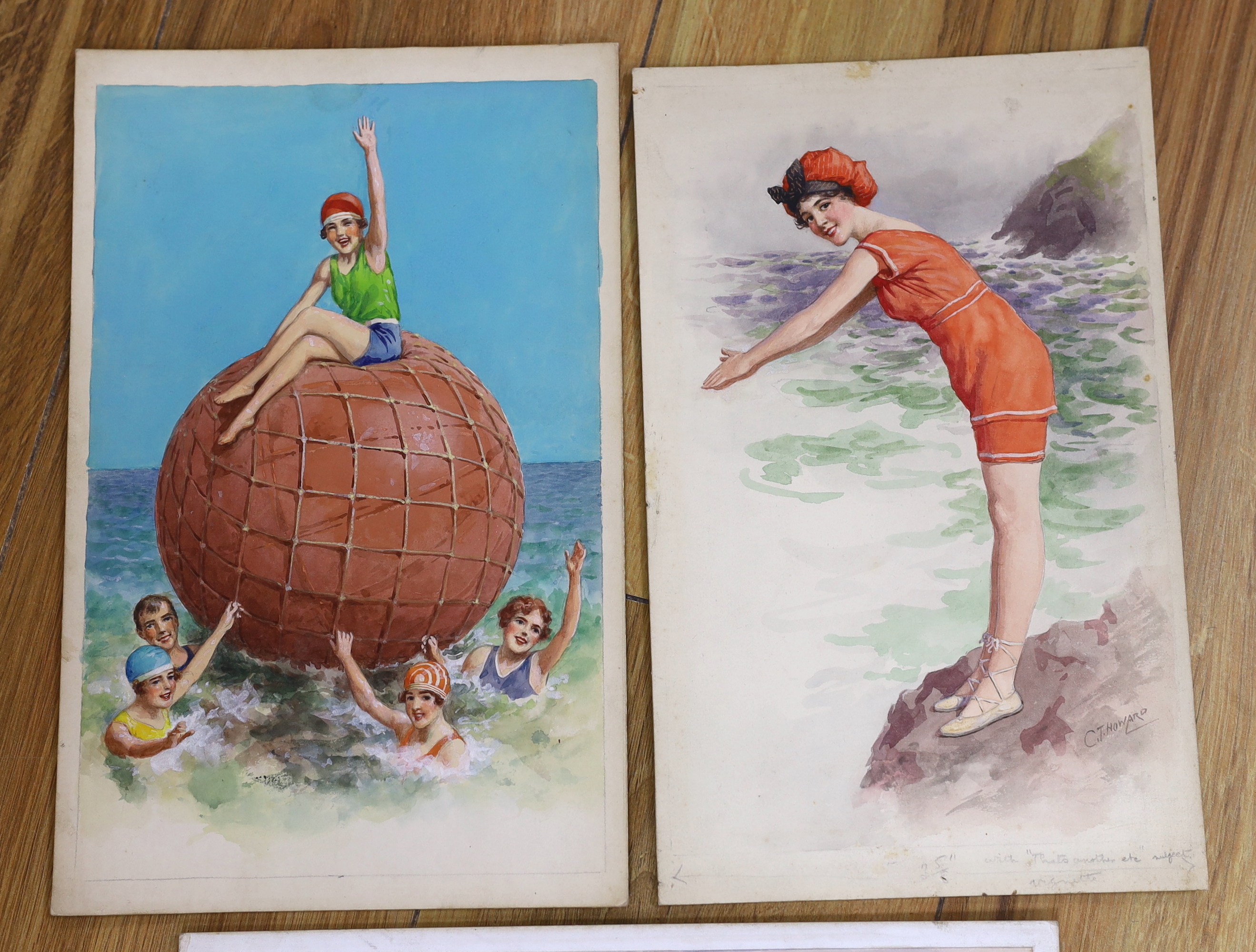 Charles Thomas Howard (1865-1942), three original watercolours for postcard designs, Bathing Girls, one signed, unframed, 27 x 18cm